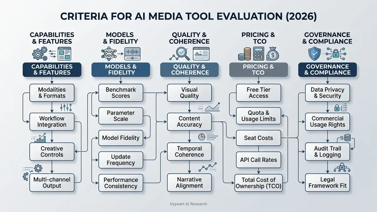 Structured diagram outlining five key pillars for evaluating AI media tools with sub-criteria for each