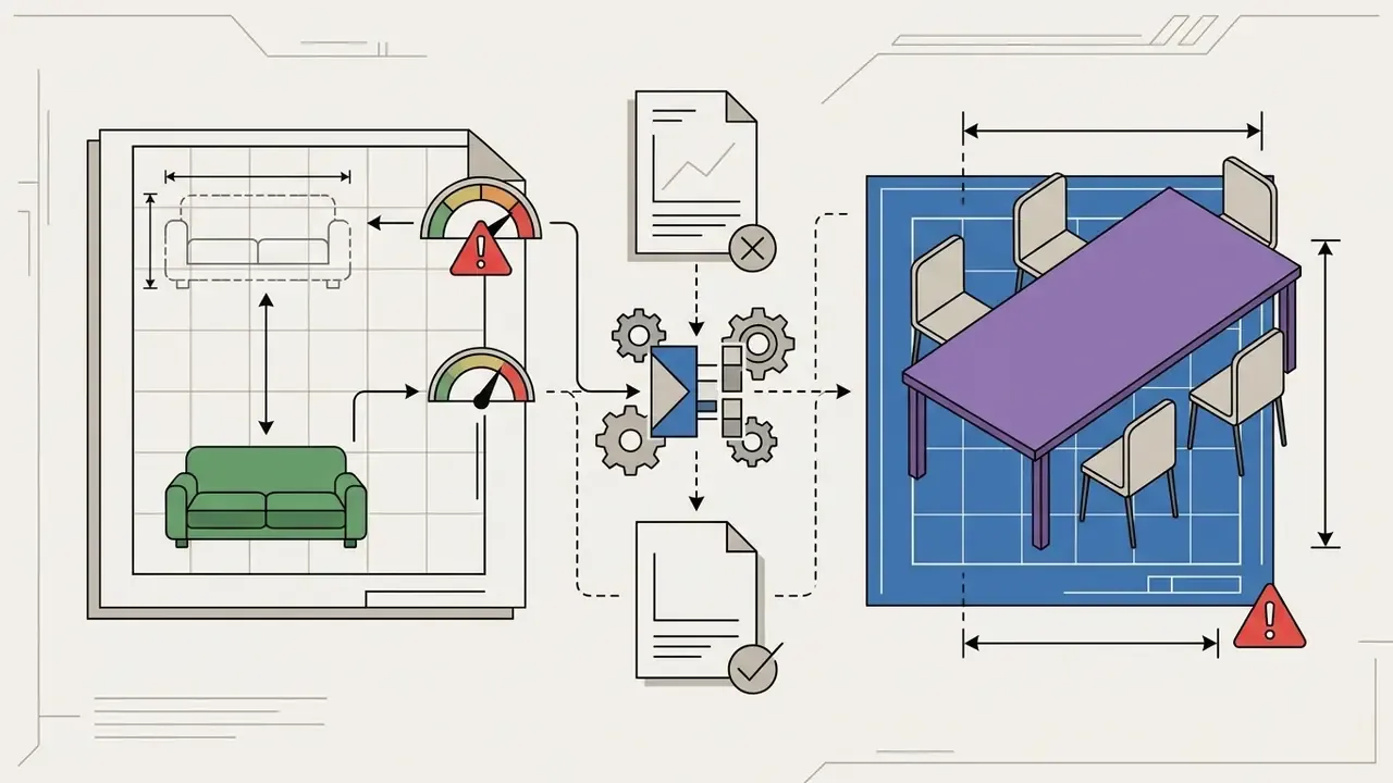 Flowchart showing furniture scale analysis with gauges, gears, and documents marking dimension errors