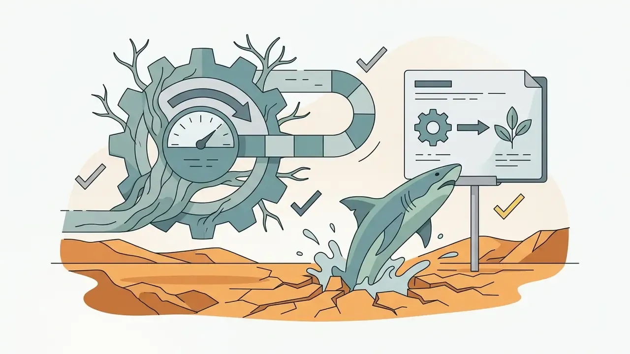 A shark leaping from cracked desert ground near a gear mechanism and a sign showing a gear and plant