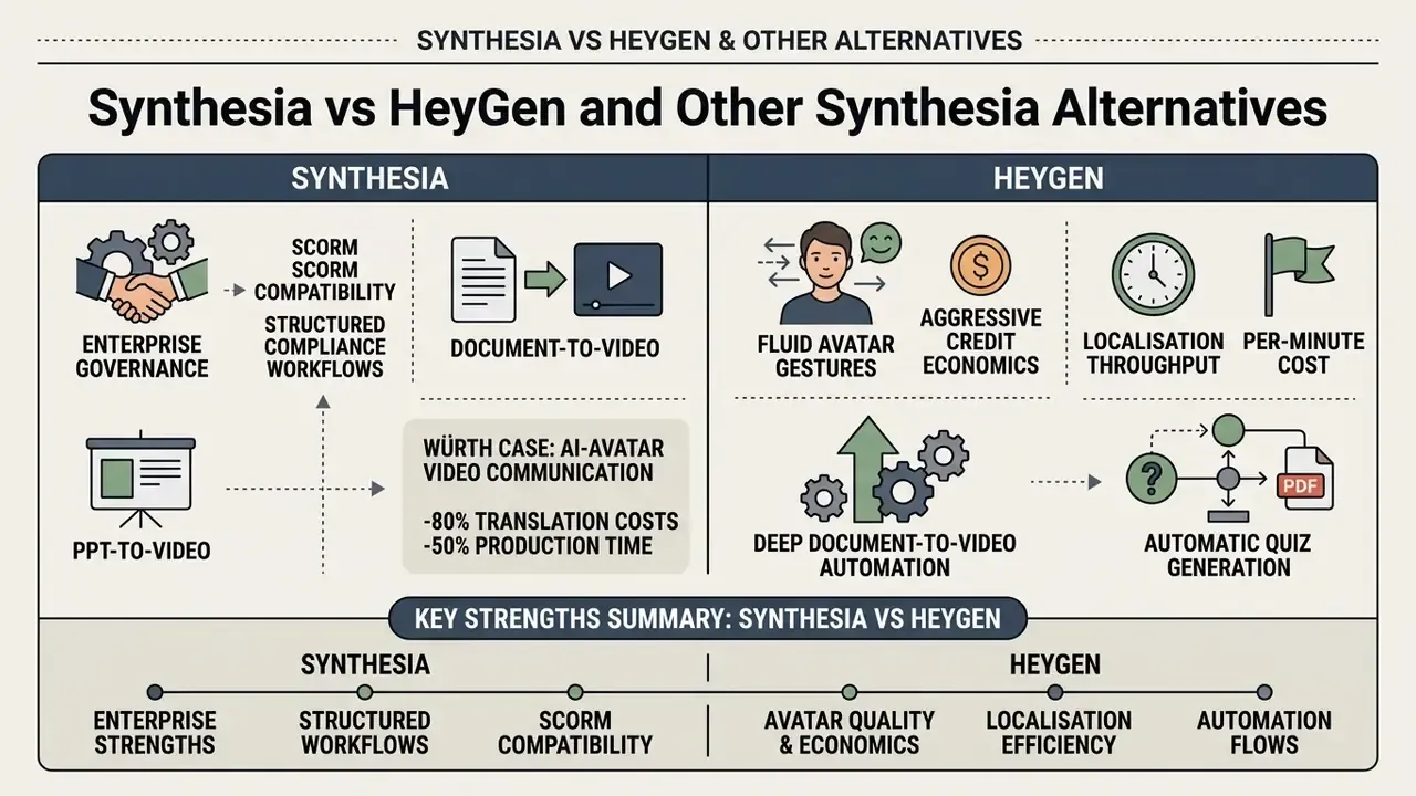 Comparison chart detailing key feature differences between Synthesia and HeyGen for AI training videos