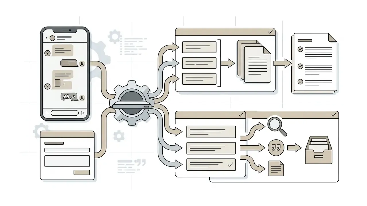 Chat screenshots flowing through a central gear to be organized into searchable and archived records