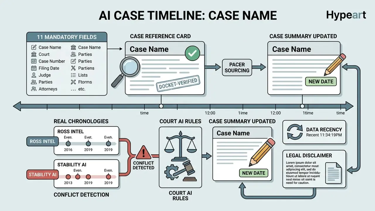 Infographic detailing the components of an AI case timeline including mandatory fields and conflict detection