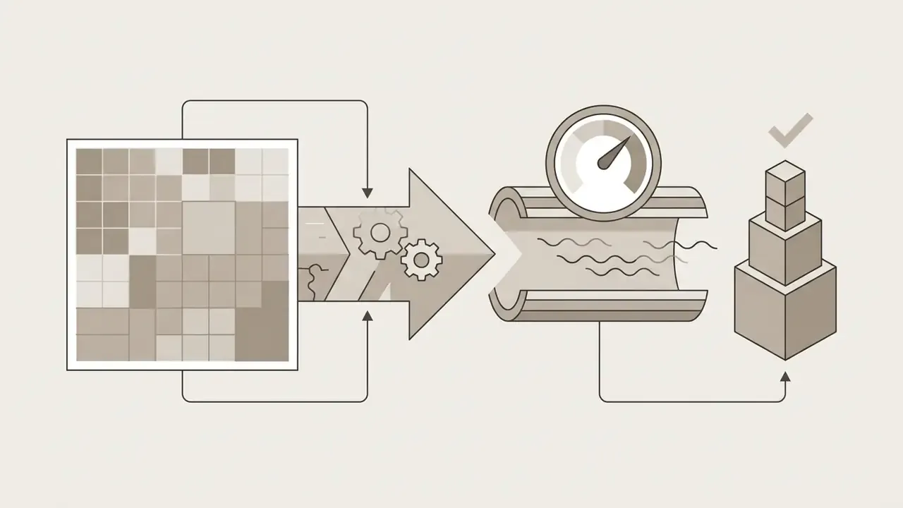 Grid of squares moving through a gear-driven arrow and a speed-monitored pipe to form a stacked block tower