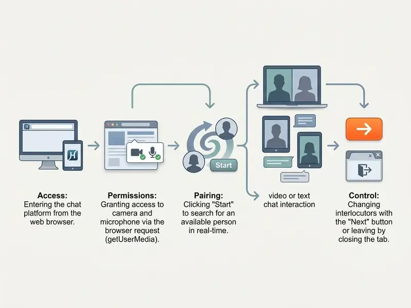 Flowchart illustrating steps for a video llamada online con gente desconocida from access to interaction
