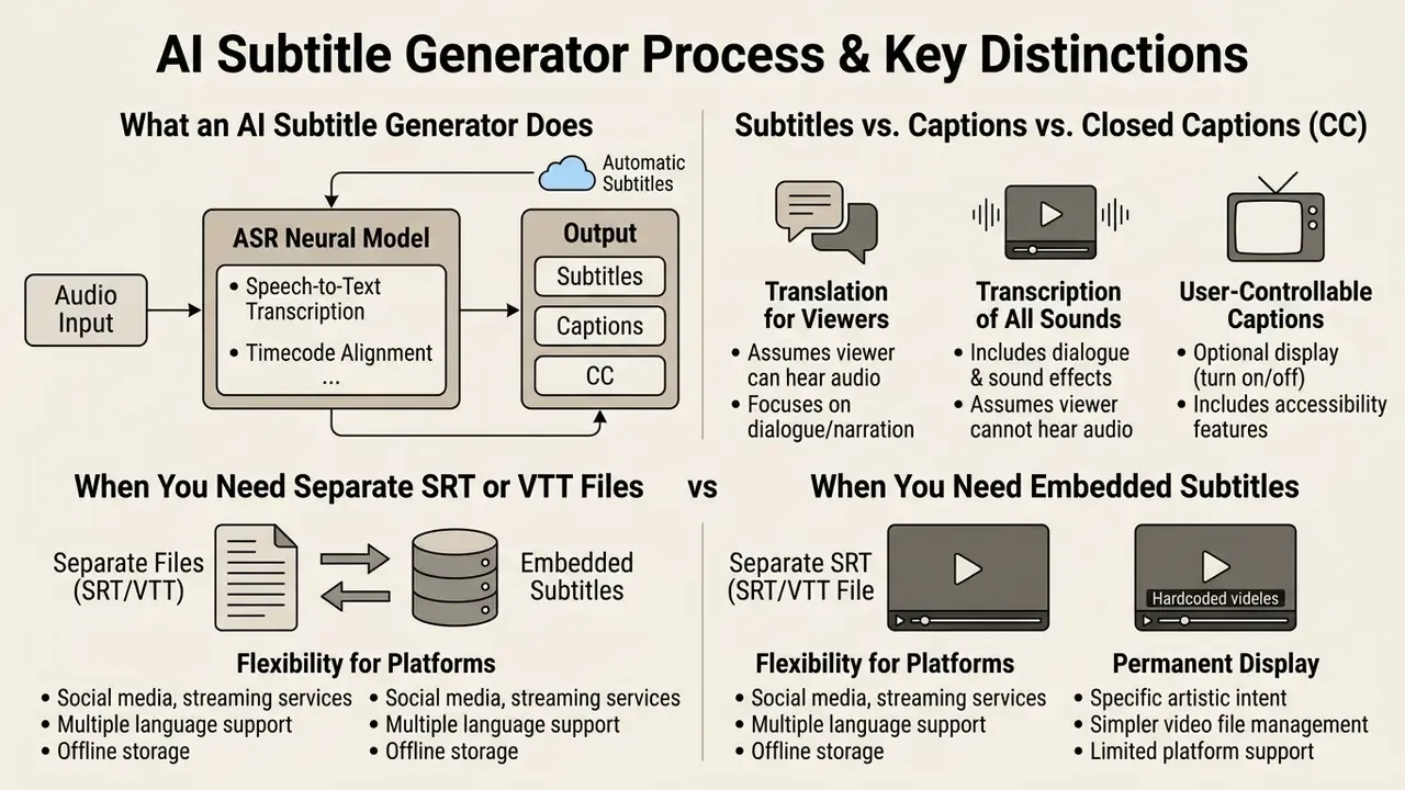 Infographic showing how an AI subtitle generator works and comparing subtitles, captions, and file types