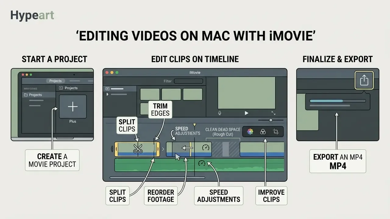 Infographic showing the workflow to edit videos on Mac by creating projects, trimming clips, and exporting