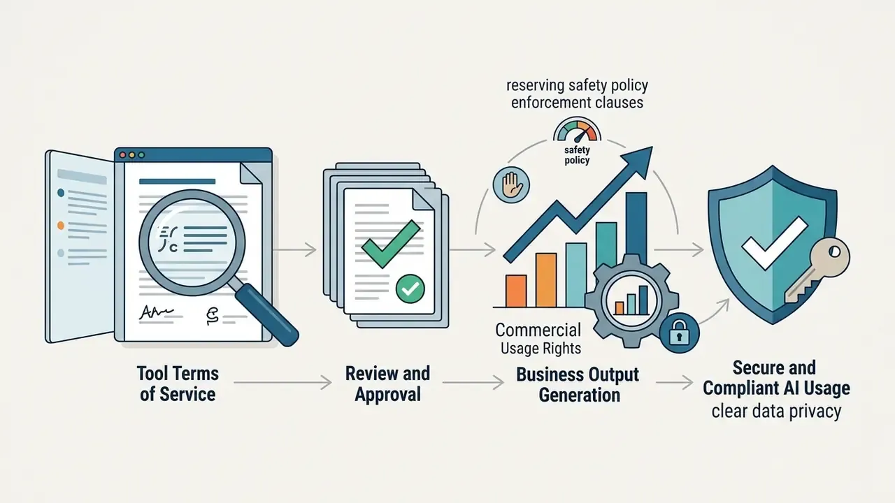 Steps for reviewing AI tool terms to enable commercial output rights and ensure compliant usage