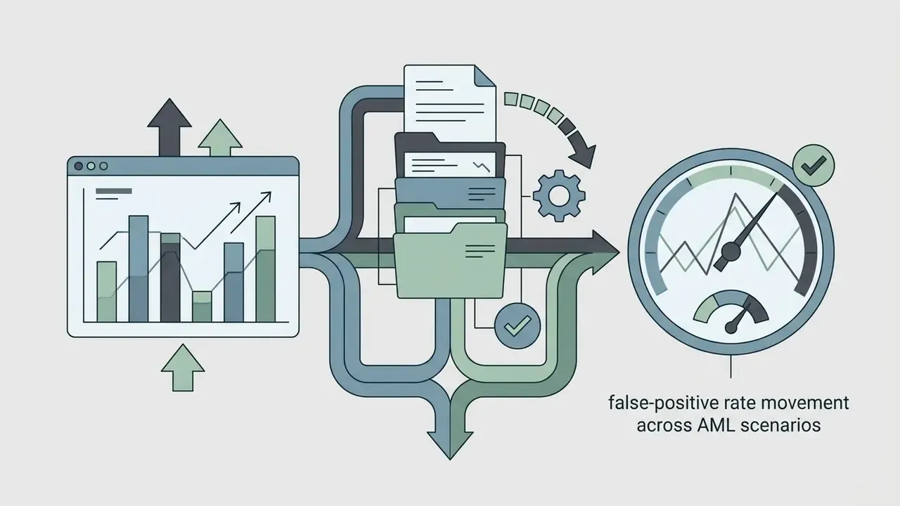 Bar charts and folders flowing through a gear system to a gauge showing AML false positive rate trends