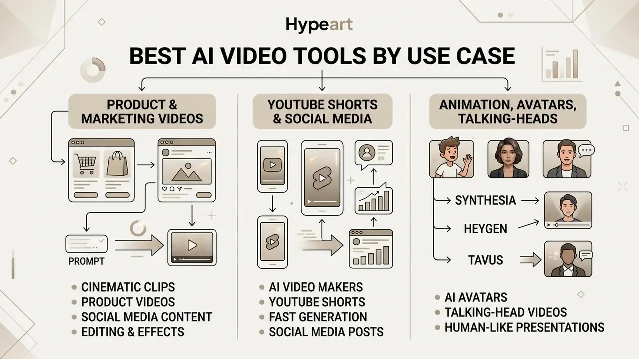 Categorized summary of AI video tools for marketing, social media, and talking-head avatar creation