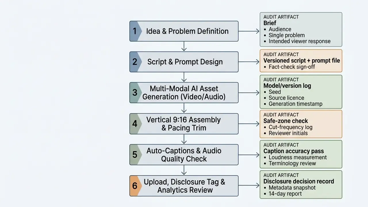Six-step process diagram mapping AI video production tasks to specific audit artifacts for quality control