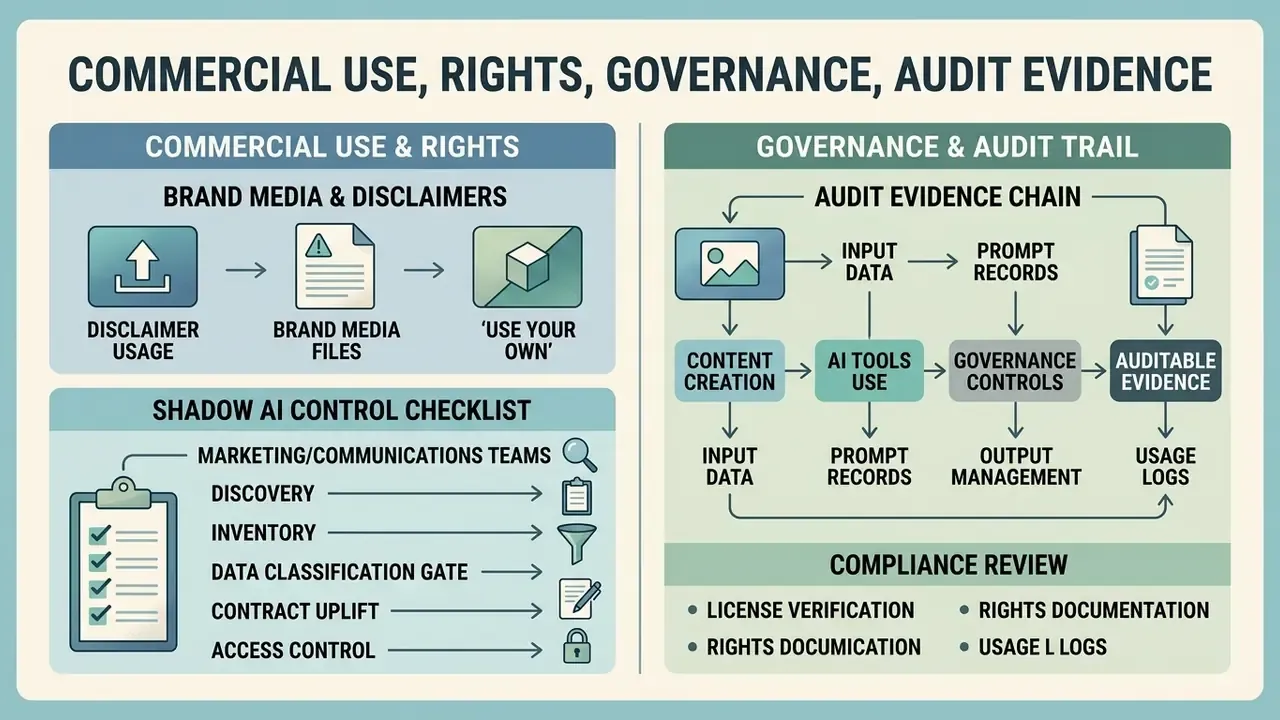 Infographic outlining media rights, a shadow AI control checklist, and a governance audit evidence chain