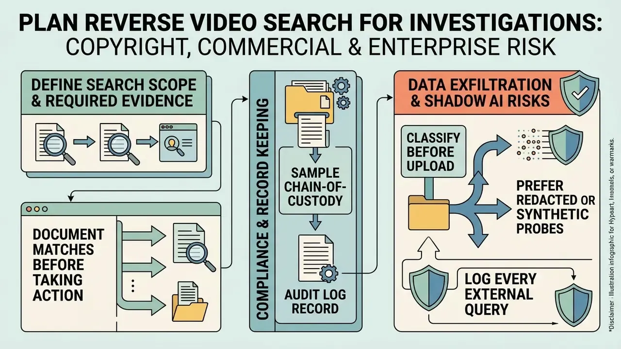 Diagram outlining investigation steps for search scope, audit logs, and managing data exfiltration risks
