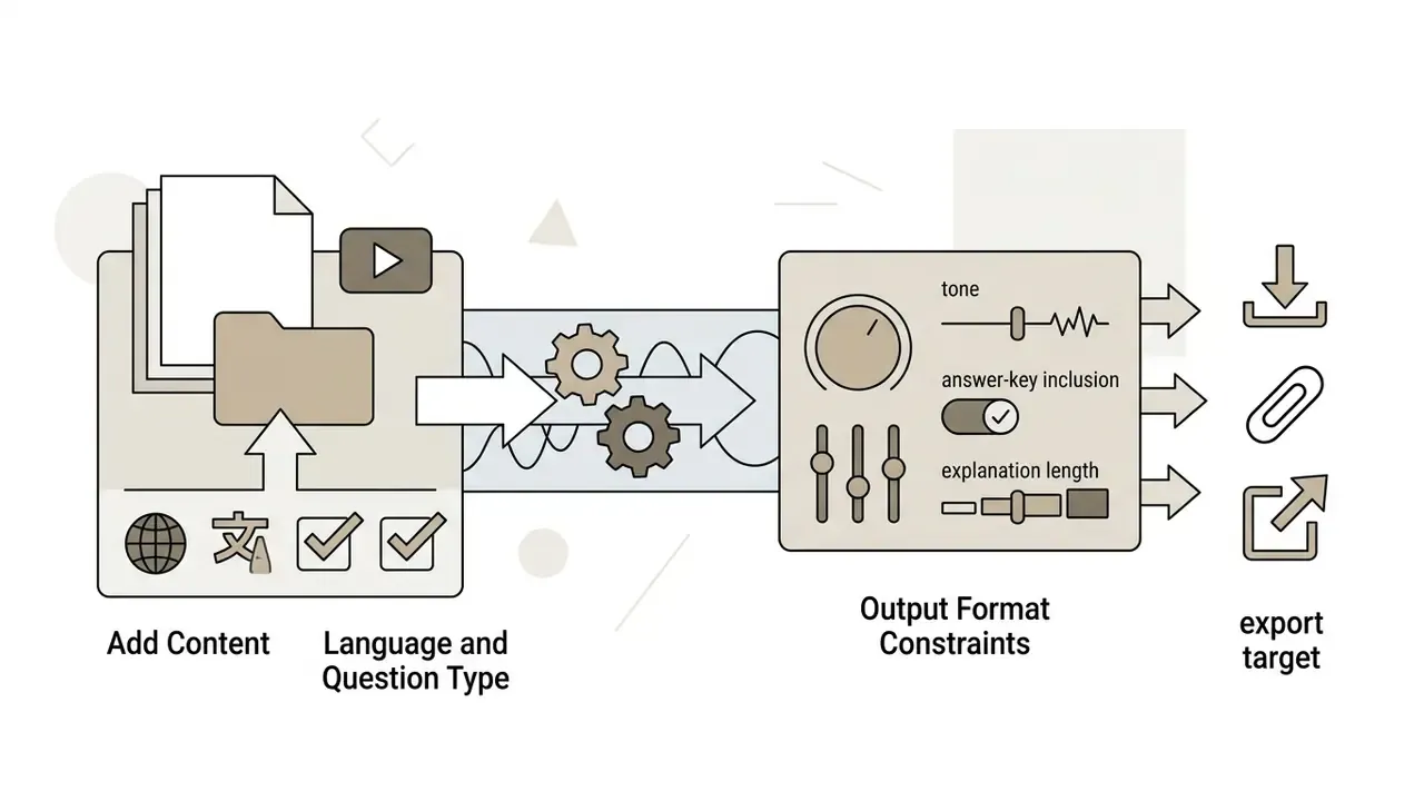Icons for content input and language settings feeding into a control panel for output configuration