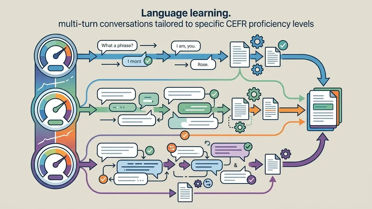 Three speedometers representing proficiency levels that feed into distinct multi-turn conversation workflows