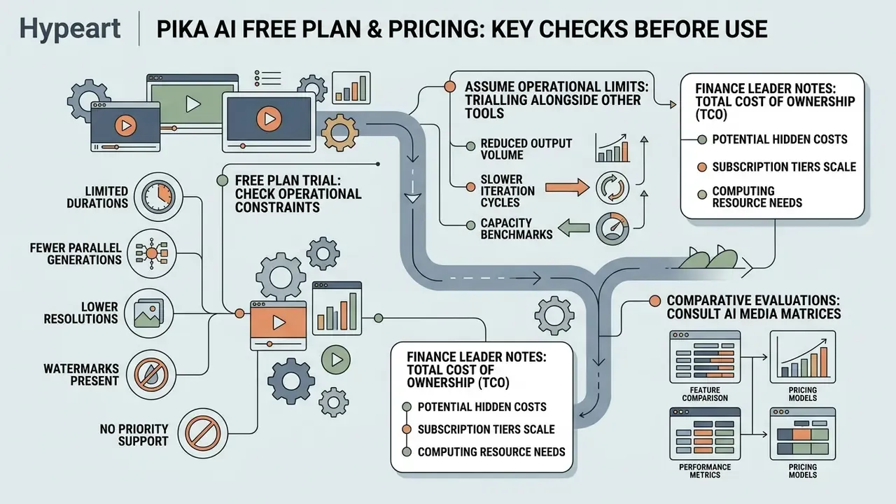Flowchart outlining operational constraints and financial considerations for Pika AI video generation