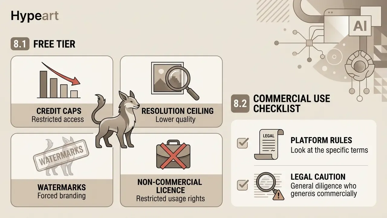 Infographic summarizing free tier limitations and commercial use requirements for generated animal images