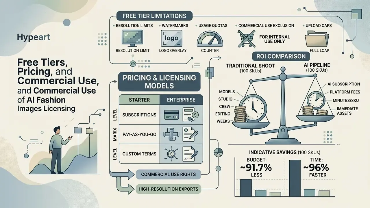 Summary of AI fashion model generator pricing, licensing, and ROI metrics compared to traditional shoots