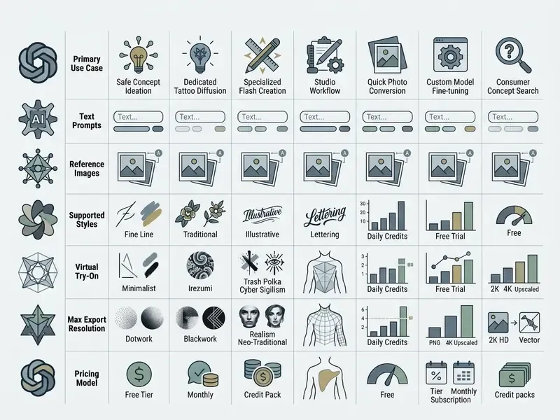 Comparison table displaying features and capabilities of various AI tattoo generator software tools