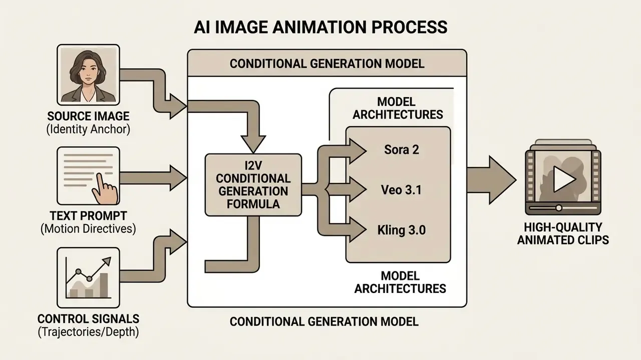 Diagram showing how source images, text prompts, and control signals feed into an AI animate image model