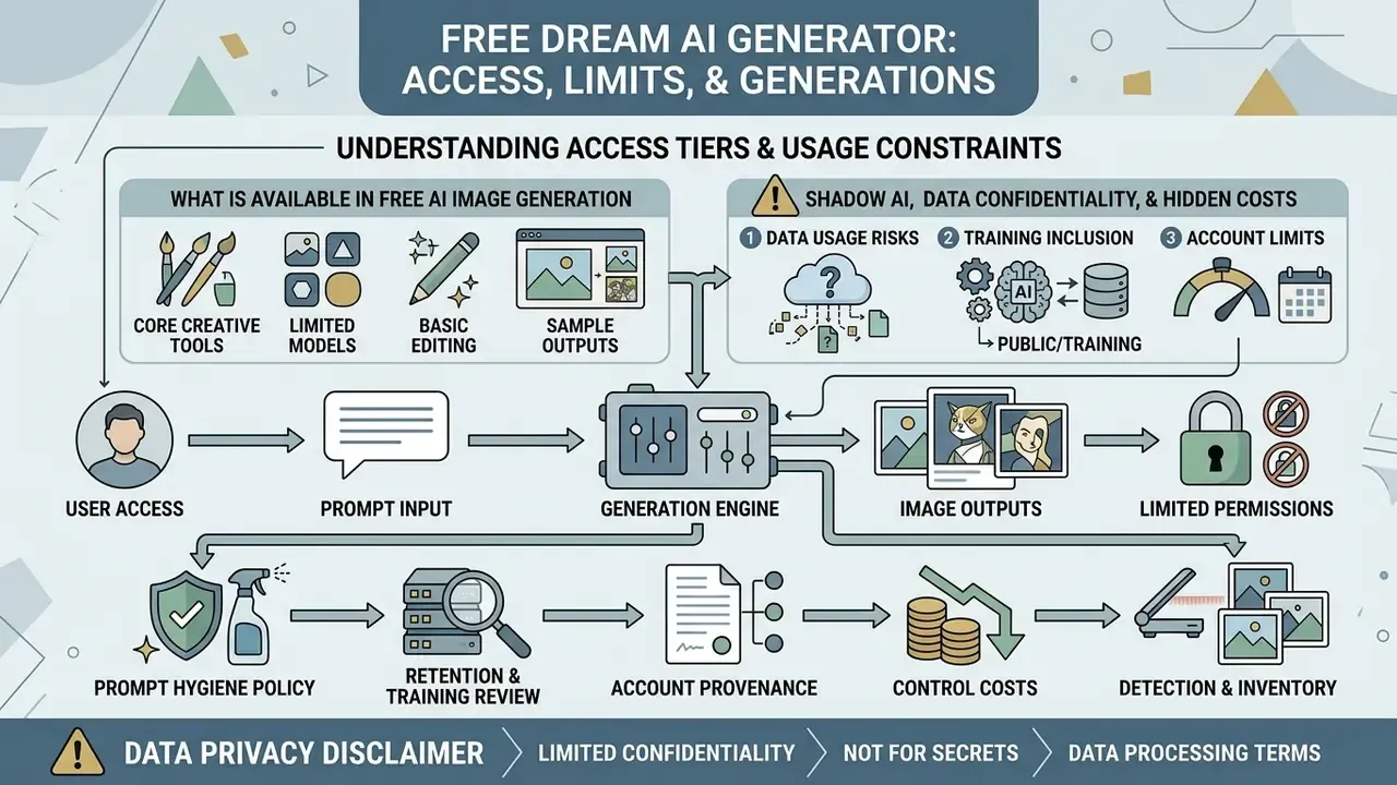 Visual guide mapping user access, generation workflows, and data privacy considerations for image tools