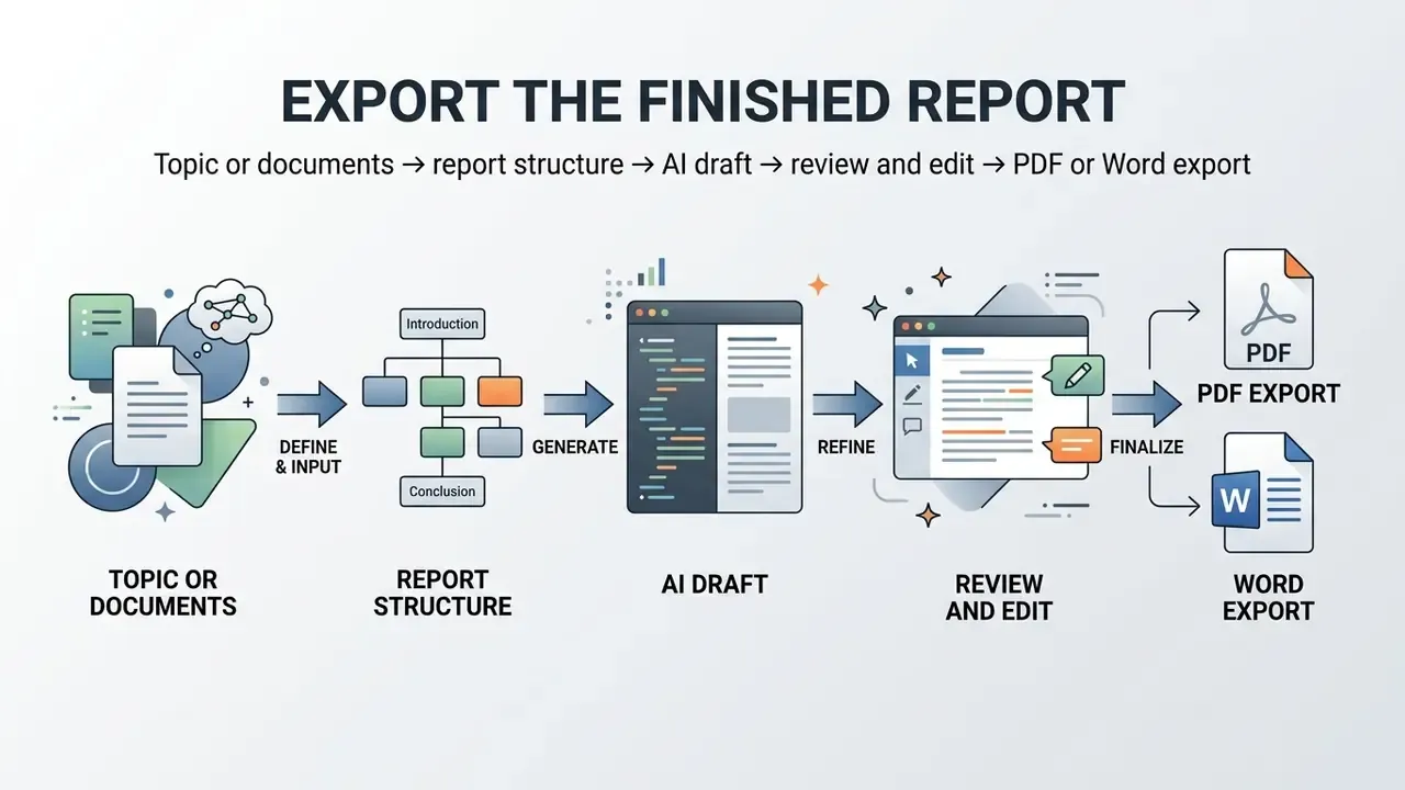 Linear process from document input to report structure, AI drafting, editing, and final PDF or Word export