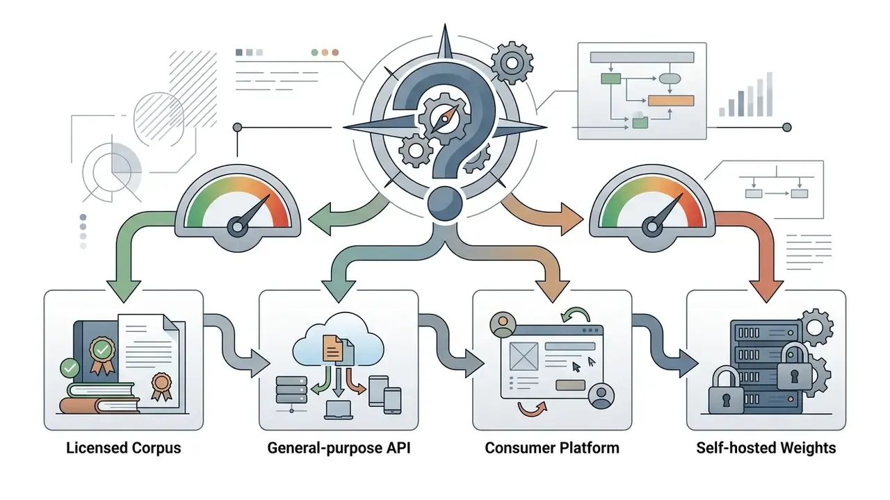 Compass and question mark icon pointing to four distinct AI vendor deployment models and risk gauges
