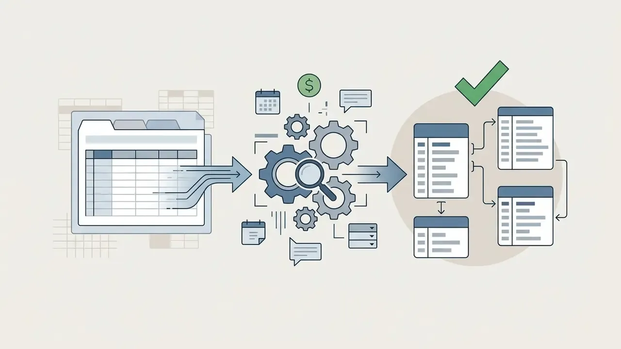 Spreadsheet data flowing through a gear mechanism to be organized into a relational database structure