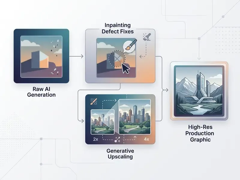 Sequence showing raw AI generation being refined through inpainting and upscaling into a high-resolution graphic