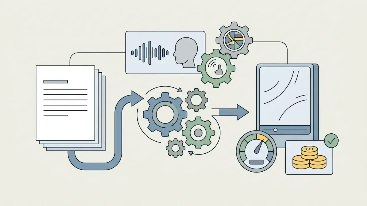 Document files feeding into a gear system that processes audio and video output with pricing indicators