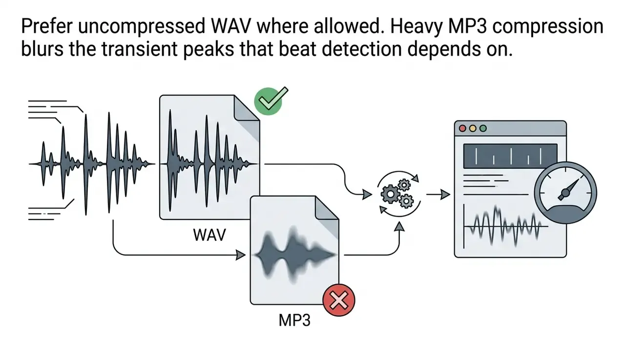 WAV and MP3 audio files feeding into a gear system and a processor to generate video output