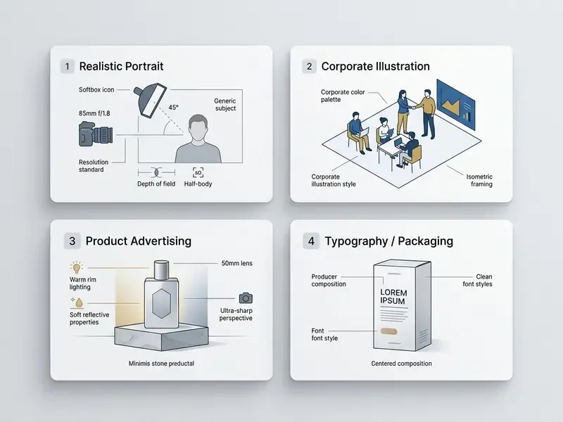 Four numbered cards displaying visual templates for portrait, illustration, product, and packaging design