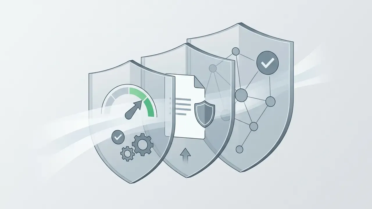 Three translucent shields in a row displaying a speedometer, document, and network nodes with checkmarks