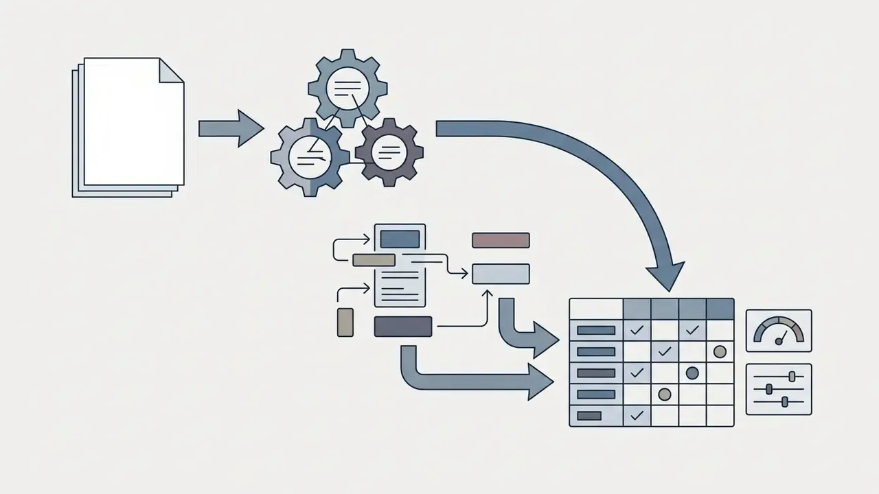 Visual representation showing document input, processing gears, and a risk control matrix