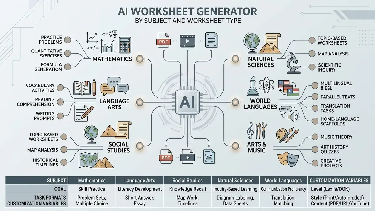 Central AI processor connecting to diverse academic subjects and their specific educational task types