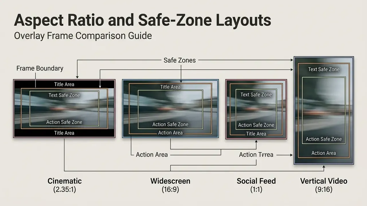 Diagram comparing safe zones and action areas across cinematic, widescreen, square, and vertical formats