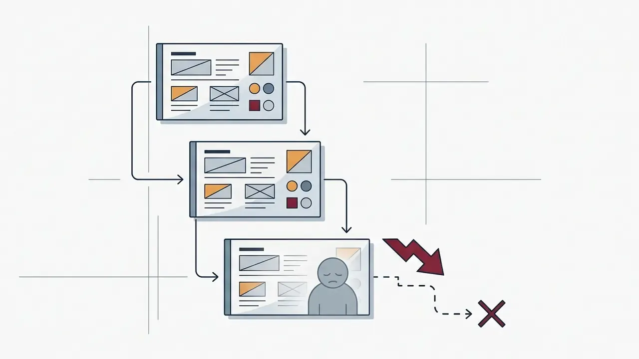 Three identical portfolio layouts connected by arrows ending in a sad figure and a red X symbol