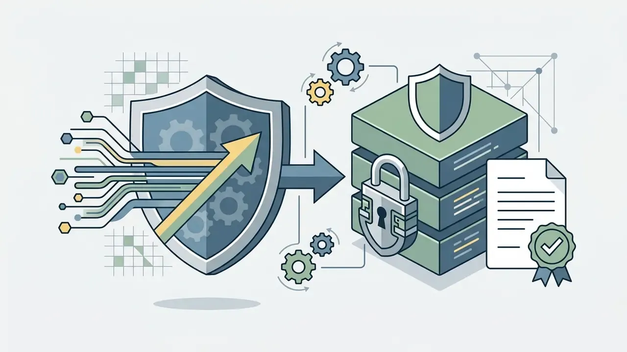 Shield icon with data lines connecting to a secure server stack with a padlock and compliance document