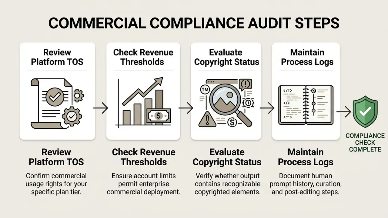 Four sequential steps for commercial compliance involving platform review, revenue checks, and audit logs