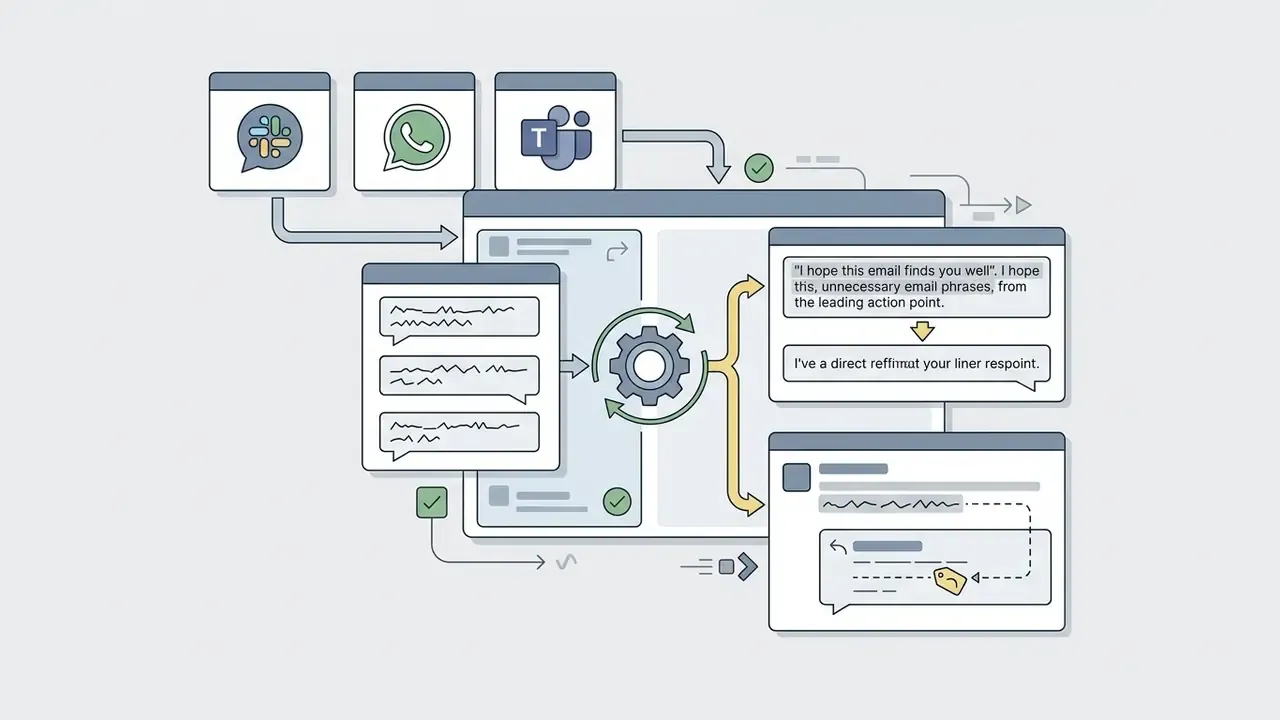 Workflow showing chat messages being processed into concise, action-oriented responses for team platforms