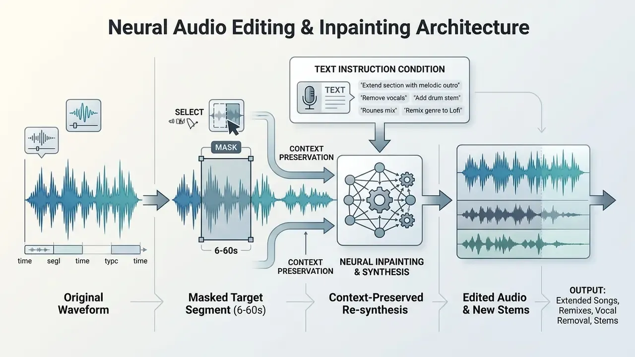 Diagram illustrating neural audio inpainting with waveform masking and text-based synthesis