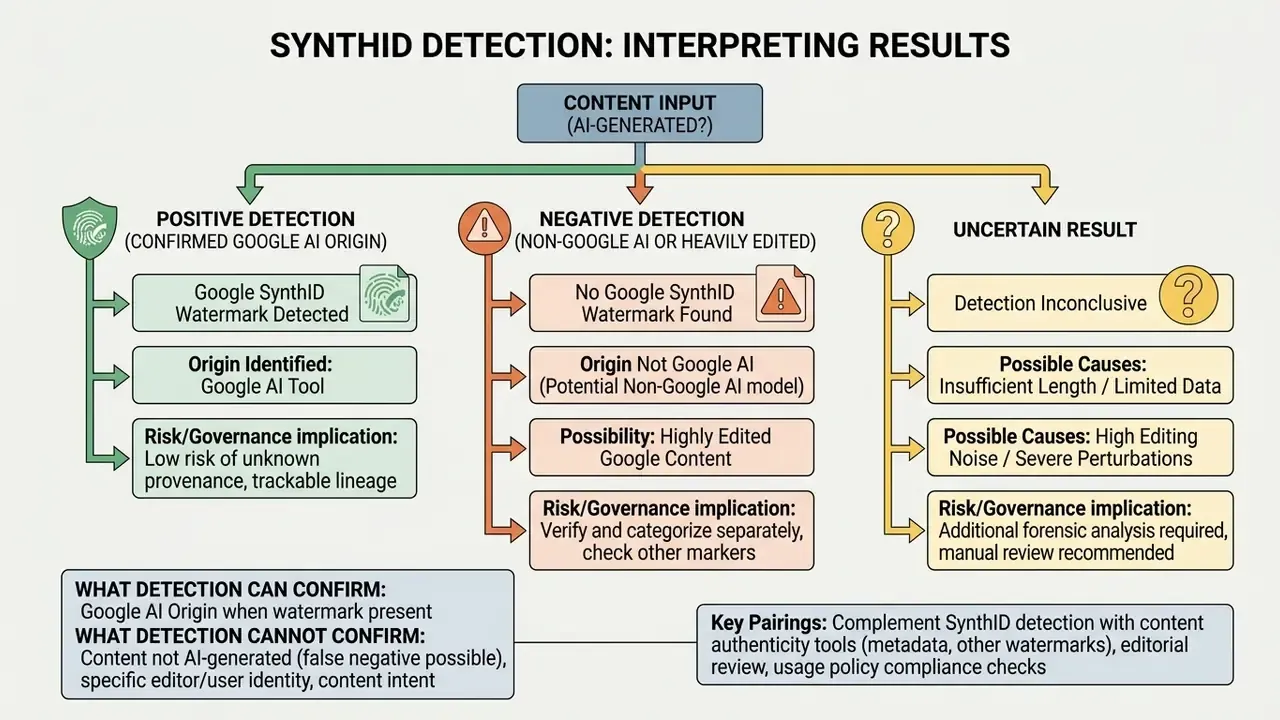 Decision tree diagram showing positive, negative, and uncertain outcomes for SynthID detection results