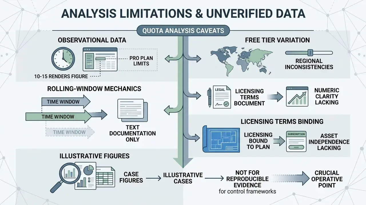 Summary table of caveats regarding observational data, regional variations, and licensing for AI quotas
