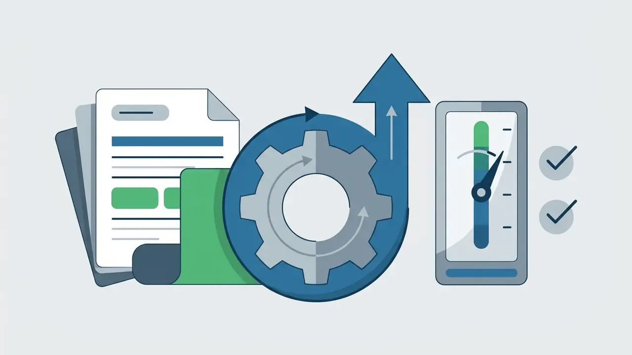 Stack of documents feeding into a central gear mechanism linked to an upward arrow and performance gauge
