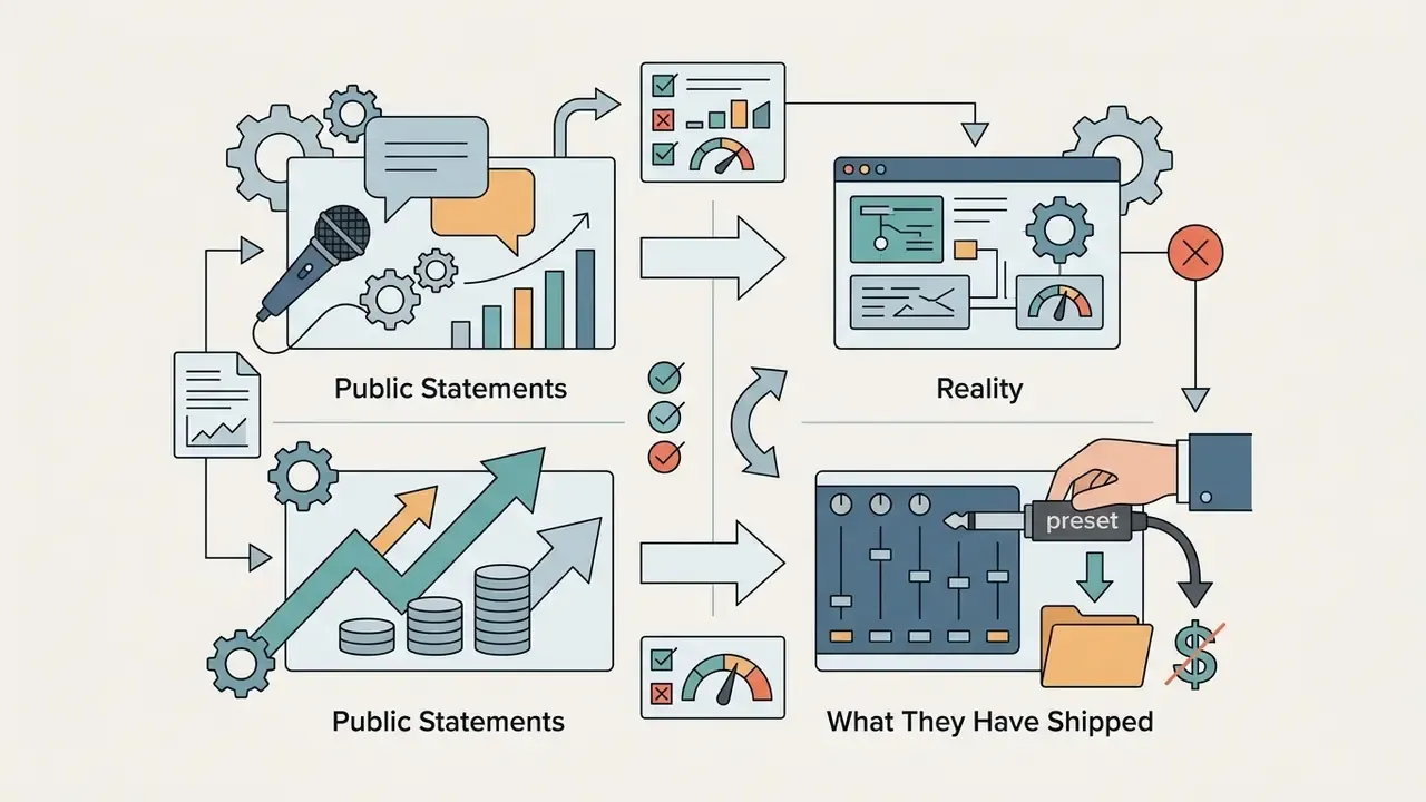 Four quadrants contrasting public claims about growth and revenue against actual software development