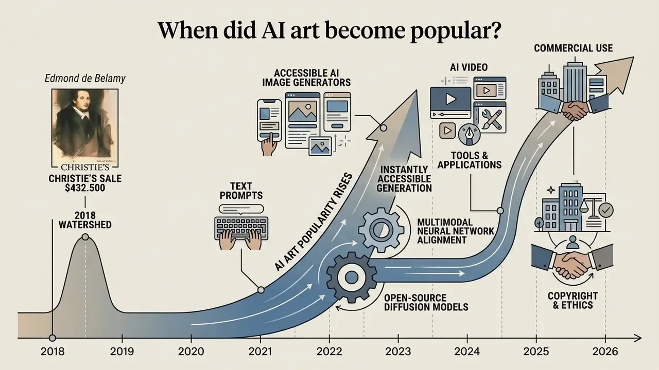 Chronological chart tracking the rise of AI art from the 2018 Christie's sale through 2026 milestones