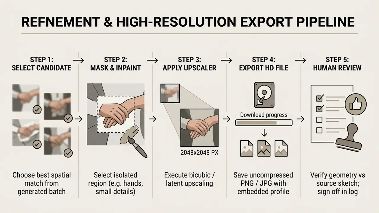 Five-step workflow diagram showing the process of refining and exporting high-resolution AI images