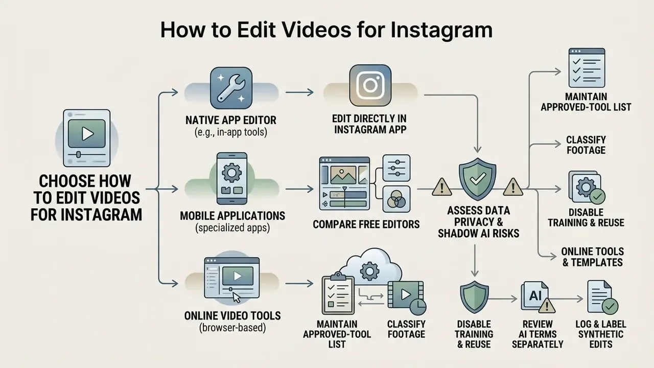 Decision tree comparing native, mobile, and online video editing tools with data privacy considerations
