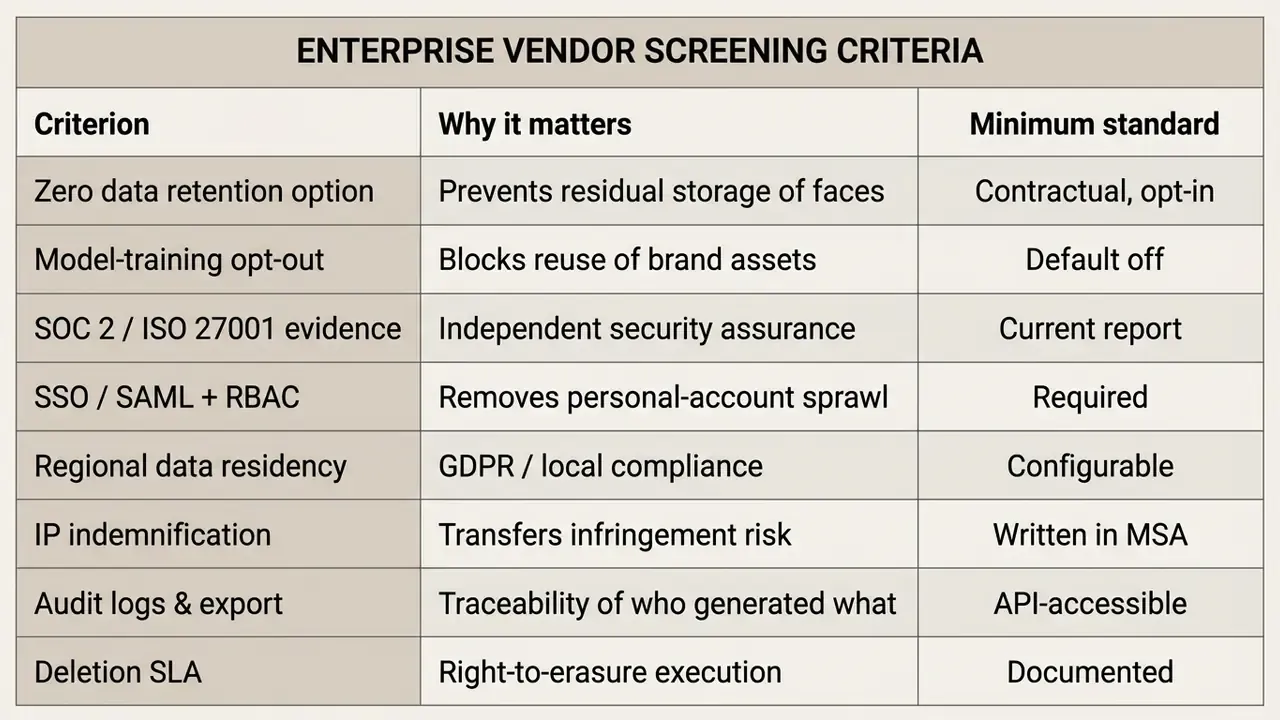 Table listing criteria, importance, and minimum standards for evaluating enterprise software vendors