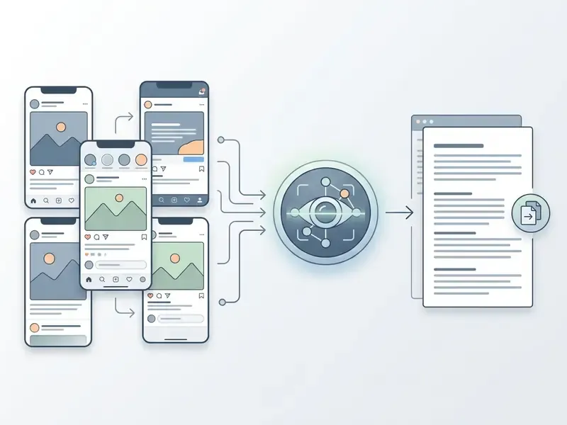 Social media posts being processed by a central vision engine to generate editable text documents