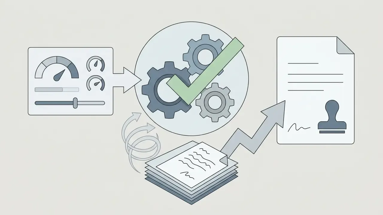 Dashboard controls feeding into a gear system that processes layered files into a stamped audit document